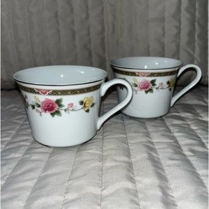 2~ Rose Tapestry cups RANMARU Crescent Fine China Pink yellow roses 1980’s Japan